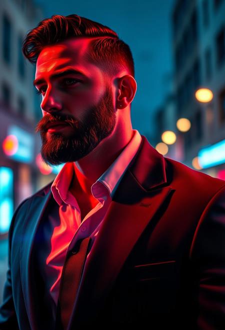 A simple uncluttered high-fashion photo of a 30yo 7' tall, broad-shouldered, muscular scruffy rugged extremely-attractive bearded burly dangerous-looking criminal Italian-man mob-boss sexy male-model with dark-hair wearing a black suit. lens-flare, vibrant, highest-quality, iridescent, street-photo, urban, red, white and blue color-scheme, light-art, in-motion, dynamic