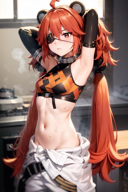 masterpiece, best quality,1girl, armpits, sweat, eyepatch, navel, twintails, blush, solo, red eyes, long hair, looking at viewer, animal ears, orange hair, midriff, arms up, steaming body, arms behind head, gloves, red hair, elbow gloves, steam, black gloves, upper body, small breasts, breasts, closed mouth, crop top, hair between eyes, shirt, hair ornament, sleeveless, nose blush, ahoge