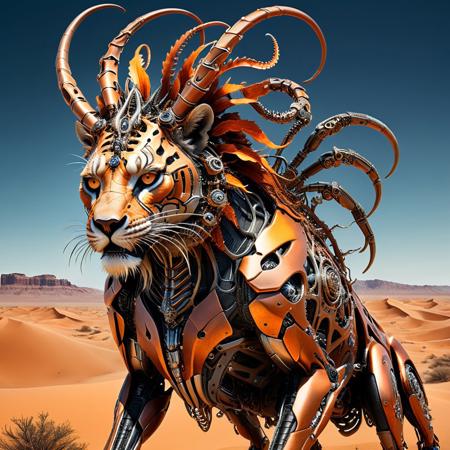 ultra-high quality, ultra-detailed image of a broken hybrid mechanical, hybrid creature, Fusion of snake a lion and spider, seamlessly blending mechanical and organic elements, dark and orange mysticall and vibrant colors, commanding presence, capturing her entire body, iron mechanical horns, Face: Highly detailed, lifelike features with expressive, piercing eyes that convey her strength, fierce, showing a natural blend of mechanical and organic textures, vast, desolate desert of dunes, evoking an abandoned planet, barren landscape.