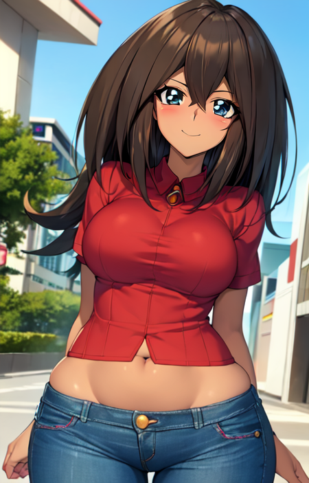 masterpiece, best quality, anime, ultra detailed, (yu-gi-oh:0.8),
mana, [1girl:(large breasts, wide hips, dark skin, medium hair, (long hair:0.8):1.5):1.0], (red shirt, short sleeves:1.2), (blue pants, denim:1.2), solo, cowboy shot, looking at viewer, outdoors, mall, (smile, closed mouth:1.1), <lora:Mana_yugioh-07:0.8:ALL>