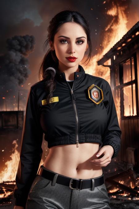 photo of <lora:anniesorrell-10:0.6>, anniesorrell, a woman with ((pale skin, black hair, ponytail):1.1), ((cowboy shot, waist, hips, thighs):1.2),beautiful skin, ((firefighter jacket, firefighter helmet, pants, fully clothed):1.3), ((standing, outdoors, burning neighborhood, homes, fire, explosions):1.2),((red lipstick, eyeliner, full makeup, eye shadow):1.2),((best quality, masterpiece, extreme details):1.2) ((detailed face, beautiful face, detailed eyes, beautiful eyes):1.2),modelshoot style, (extremely detailed CG unity 8k wallpaper), photo of the most beautiful artwork in the world, , professional majestic (photography by Steve McCurry), 8k uhd, dslr, soft lighting, high quality, film grain, Fujifilm XT3 sharp focus, f 5.6, High Detail, Sharp focus, dramatic