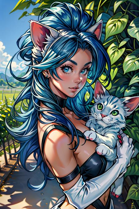 (masterpiece, best quality:1.3)
<lora:epi_noiseoffset2:1> <lora:add_detail:0.7>  <lora:DarkstalkersFelicia:0.8>
DarkstalkersFelicia, 1girl, solo, long hair, blue hair, cat ears, cat girl, vineyard, midday, abundant sunlight and lush greenery , 
 a beautiful painting of a mother