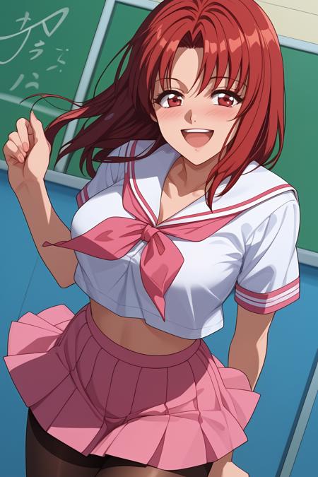 Hasegawa Hanako, miniskirt, pantyhose, school uniform, exposed midriff, red hair, long hair, absolute cleavage, shitapai, 