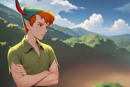 masterpiece, best quality, 1boy, peter pan, solo, floating, short hair, orange hair, green collared shirt, short sleeves, hat feather, male focus, pointy ears, outdoors, blue sky, cloud, forest <lora:PeterPan:1>