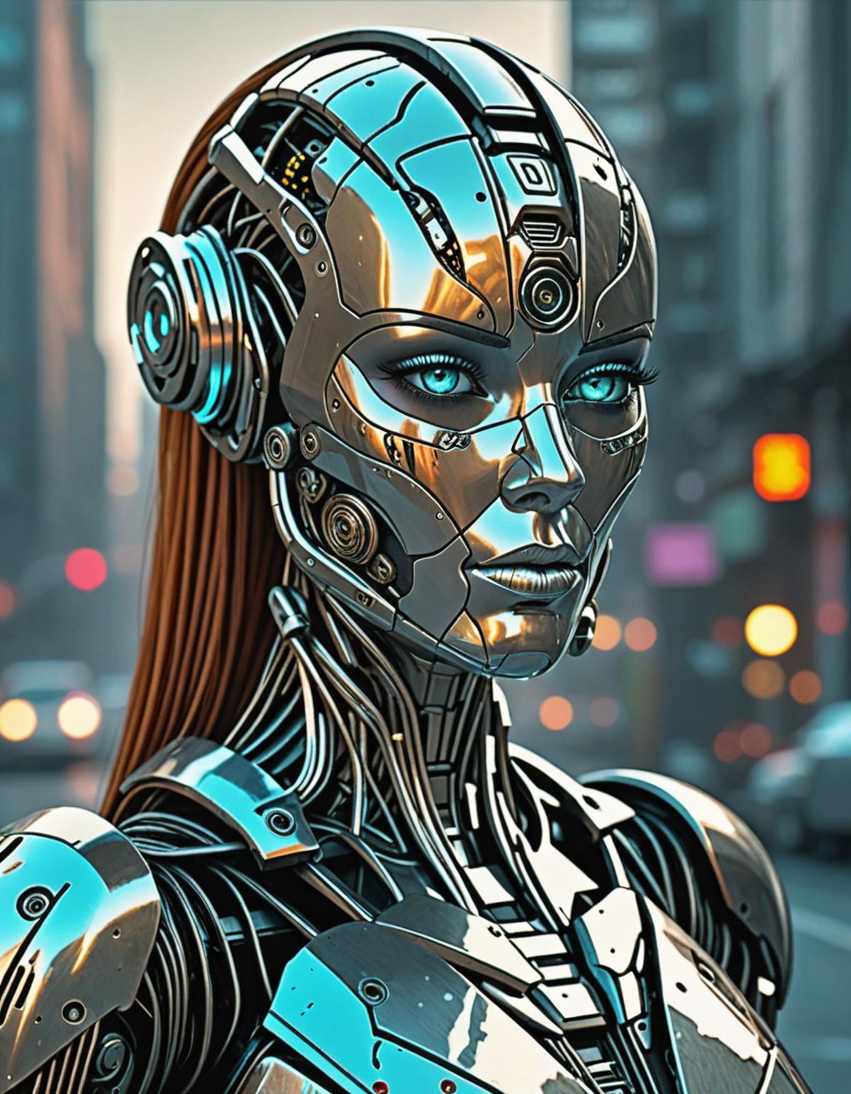 A futuristic robot woman with blue eyes and silver metal plating.