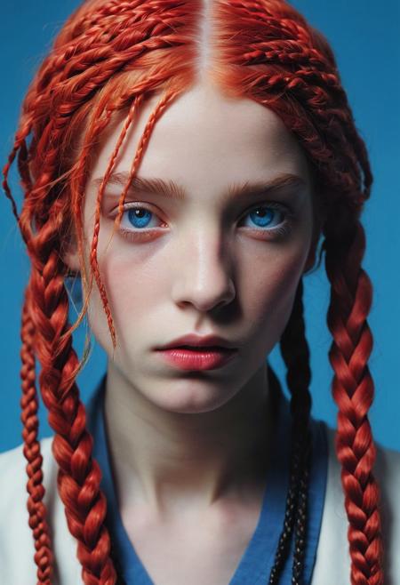 against glass,(Low-Key Portraits by Vicky Roy and Dino Pedriali:1.2), (aesthetic of symbolism with radicalized atmosphere:0.5), (Infrared Photography by Sally Soames and Pauline Kruger Hamilton:1.2), blue eyes,2 red braids,,boleum \(dgrpluna\), f/4, daring, high dynamic range, (center composition, symmetry composition:0.1), (ebony and muted colors:0.1) <lora:MJ52:0.5> <lora:- SDXL - vanta-black_contrast_V3.0:0.5>blackf/1.4, rule of thirds, iconoclastic opus magnum with unparalleled details, (electricblue and unique colors:0.1), <lora:MJ52:1.0>(masterpiece, best quality:1.4), perfect body parted lips, , detailed skin,model photoshoot,photography by (Mary Pickford:1.3), modelshoot, pose, , award winning photo macro shot of a beautiful A minimalist and modern design portraits of a beautiful woman, one eye covered in an artistic black band in bold white, blue or yellow colors, set against a stark white background. This graphic representation symbolizes beauty through visual simplicity and minimalistic elements. (Motion Blur Photography by Sarah Charlesworth and Andres Serrano:1.2), award-winning photography, aesthetic, carefully designed details, clear scene, f/22, symmetry and balance, unprecedented, selective color,  Ultra High Resolution, wallpaper, 8K,Rich texture details, hyper detailed, detailed eyes, detailed background, dramatic angle, epic composition, SimplepositiveXLv1 , (close-up portrait:1.1), solo, model photoshoot,, a stylish girl,