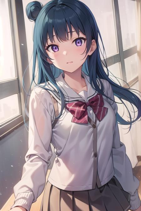 yoshikotsushima, <lyco:yoshikotsushima-lyco-nochekaiser:1>, 
yoshiko tsushima, blue hair, hair bun, (purple eyes:1.1), single side bun, bangs, long hair, (small breast:1.2),
BREAK bow, bowtie, buttons, grey skirt, long sleeves, pleated skirt, school uniform, serafuku, skirt, uranohoshi school uniform, yellow bow, yellow bowtie, sleeveless,
BREAK looking at viewer, 
BREAK indoors, classroom,
BREAK <lyco:GoodHands-beta2:1>, (masterpiece:1.2), best quality, high resolution, unity 8k wallpaper, (illustration:0.8), (beautiful detailed eyes:1.6), extremely detailed face, perfect lighting, extremely detailed CG, (perfect hands, perfect anatomy),