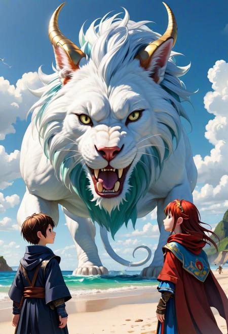 5 Children with different animal instead of human ears and slight animal features playing happily on a beach of pearls in a fantasy world.