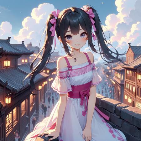 (((masterpiece))),  (((best quality))),  (((china style))),  (((crowd in busy old street))),  wind,  cloud sky,  night,  solo,  1girl,  smile,  rosy lips,  short sleeves,  off shoulders,  qipao hanfu mixed,  (((collarbone))),  ((girl stand on top floor)),  teenager,  ribbon bunhair twintails,  petite figure,<lora:EMS-221092-EMS:1.000000>