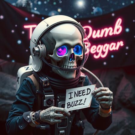 masterpiece, intricate photo, realistic outer space skull astronaut in astronaut suite with helmet and transparent visor holding a small white sign on which is written "I need Buzz!", background outer space, stars, galaxies, nebulae, in the background is written on a banner in neon letters "Dumb Buzz Beggar", hyper realistic, highly detailed, sharp focus, dawn of technology, dark art, gothic art, cyberpunk style, best quality, high resolution, colorful, vibrant colors, studio lighting, high quality image, no wrong proportions, 8K