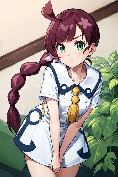 masterpiece, best quality, highres, chl1, 1girl, braided_ponytail, (ahoge:1.1), dress, school uniform, white dress, collared dress, collarbone, eyelashes, short sleeves, neck tassel,  <lora:chloe_(pokemon)_v5:0.6>, from below, leaning forward, pointing at viewer, frown