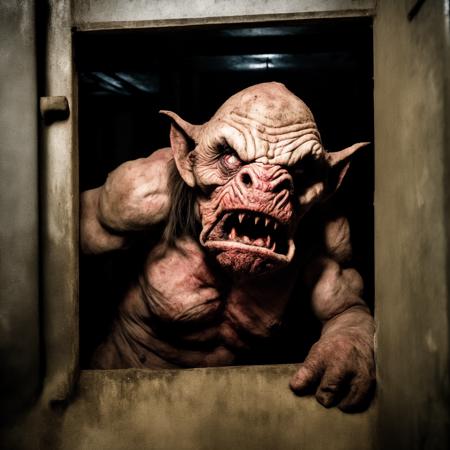 closeup shot photography of a dirt covered orc inside a abandonned warehouse by Tom Savini