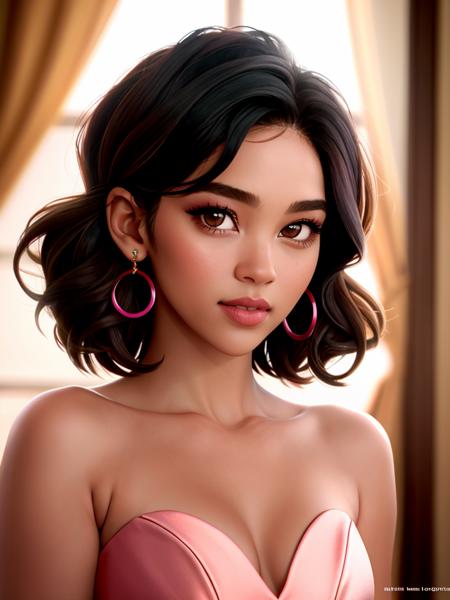 Realistic photo of a beautiful 4l3x4ndr4s woman, 1girl,solo,breasts,looking at viewer,short hair,black hair,dress,bare shoulders,brown eyes,jewelry,collarbone,upper body,earrings,dark skin,mole,dark-skinned female,lips,makeup,pink dress,mole under mouth,realistic,very short hair,very dark skin,mole on neck,mole on cheek, soft lighting, professional Photography, Photorealistic, detailed, RAW, analog, sharp focus, 8k, HD, high quality, masterpiece<lora:4l3x4ndr4s:1.0>