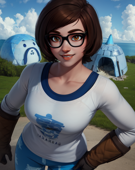 mei, brown eyes, brown hair,  glasses,  short hair, 
white shirt,  blue pants,  long sleeves,  
smile,  brown gloves,  
igloo,   coach,   standing,  
(insanely detailed, beautiful detailed face,beautiful detailed eyes, masterpiece, best quality),solo,
 <lora:MeiOW1P-10:0.8>