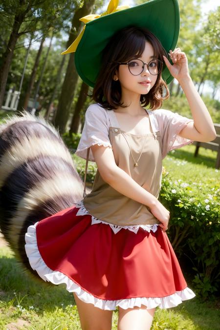 masterpiece, best quality, <lora:FutatsuiwaMamizou:1>,1girl,futatsuiwa mamizou,hat,bell,brown hair,green eyes,short hair,animal ears,glasses,short sleeves,red skirt,bloomers,(raccon tail:1.2), smile,forest,tree,grass,day