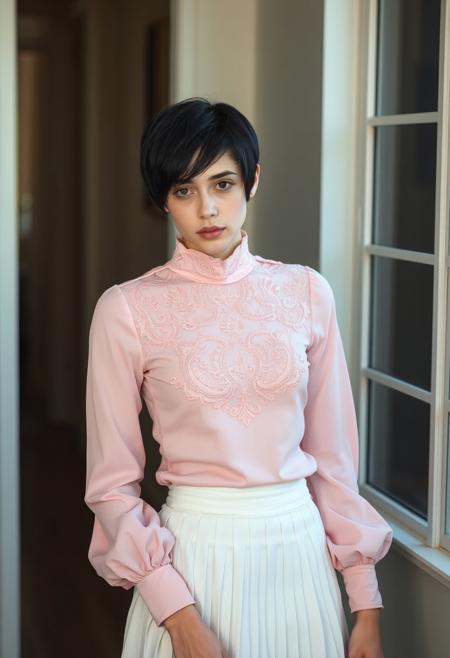 a beautiful 20 years old caucasian androgynous man, pale skin, black hair in pixie cut haircut, thin, body with no visible muscles, natural beautiful face, lace high neck light pink blouse with long sleeves, white pleated mini skirt, looking at viewer