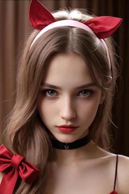 beautiful cute woman, 20 years old, (nsfw:0.5), petite, delicate face, extremely detailed, photorealistic, hires, blush, rouge, lipstick, cute nose, ribbon, choker, bowtie