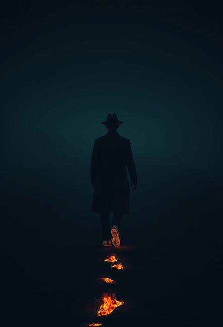 Dark grim dimly lit horror themed image of an endless featureless landscape without light of any kind. A man walks away, each footstep leaving a fiery footprint as if his feet are burning the ground. He wears a long black trench coat and a fedora.