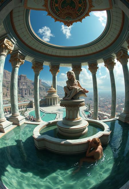 Full-frame fisheye view of a hyperrealistic epic fantasy art of a close-up of a glinting jade palace with a marble statue in a fountain overlooking a city with a temple and a young beautiful elven woman bathing in the fountain.