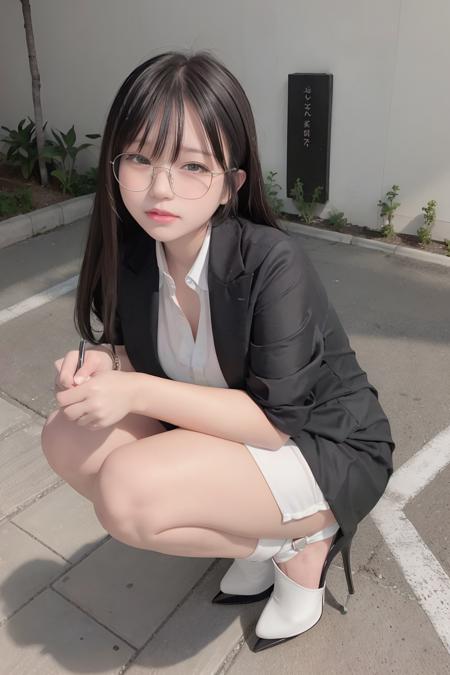 a photo of a girl wearing white office suit and black high heels in tokyo street, <lora:n3k0:0.8>, long shot, eye glasses,  <lora:koreanDollLikeness_v15 (1):0.2>, black short hair, from side view, full body,