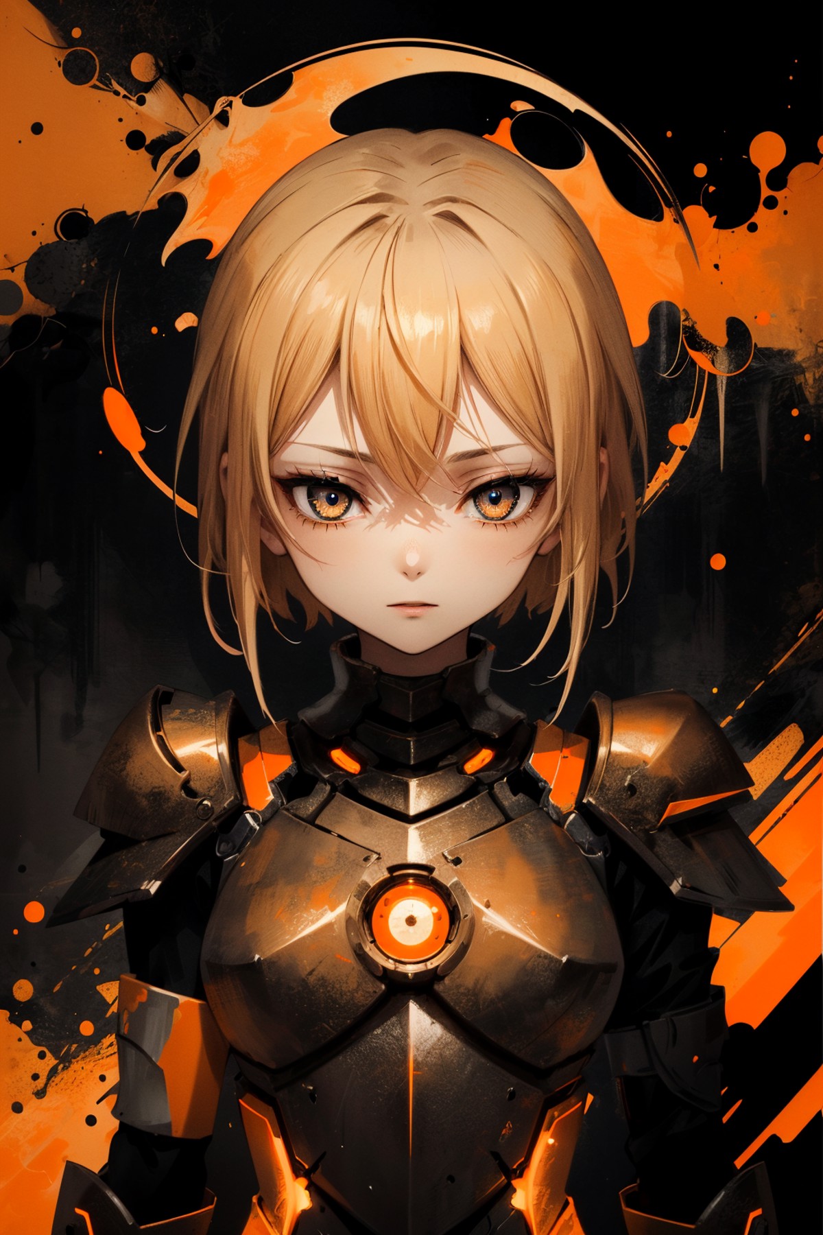 (masterpiece:1.1), (highest quality:1.1), (HDR:1.0), (1girl), blonde hair, (armor, metal, powerful, abstract:1.2), (orange...