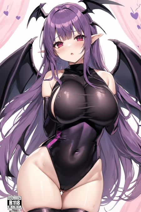 doujin cover, 1girl, solo, wings, leotard, long hair, thighhighs, huge breasts, gloves, highleg, bangs, purple hair, highleg leotard, elbow gloves, looking at viewer, blunt bangs, head wings, blush, cameltoe, purple gloves, covered navel, low wings, half-closed eyes, cowboy shot, very long hair, covered nipples, purple thighhighs, straight hair, thighs, parted lips, groin, red eyes, demon girl, thigh gap, standing, cleavage, wide hips, purple eyes, sweat, bat wings, black leotard, content rating, :o, demon wings, black wings, heart, <lora:Doujin:0.6>