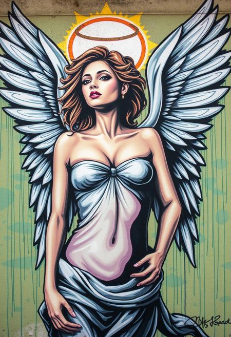 Graffiti style of a beautiful woman sprouting angel wings, street art, mural, high quality, high resolution