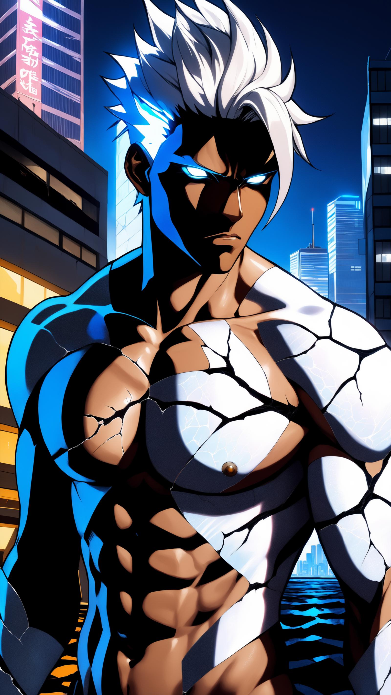 A blue and white comic book superhero with a ripped chest and glowing blue eyes.