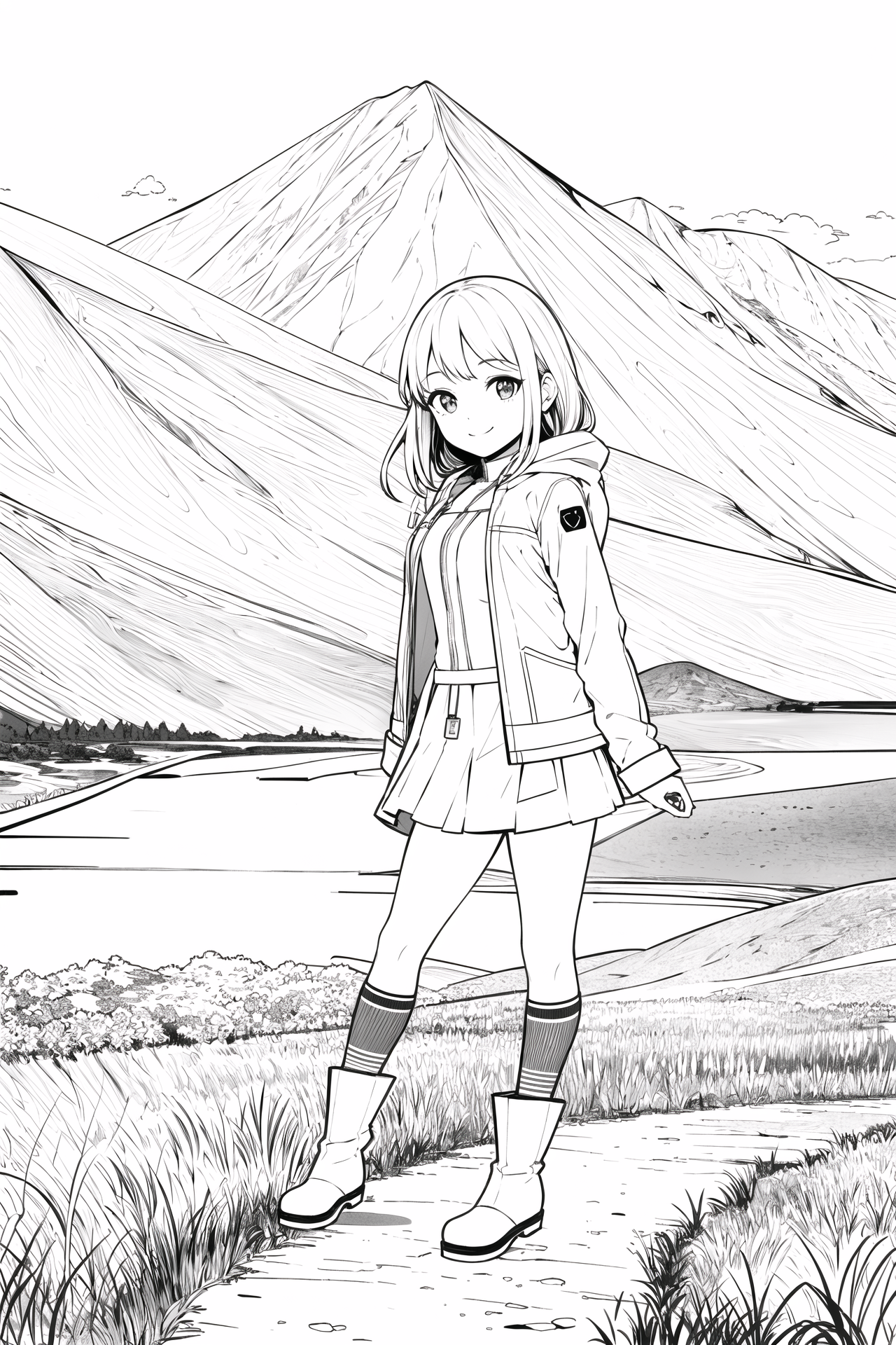 masterpiece, best quality, 1girl, solo, light smile, mountain, lake, meadow, panorama, jacket, kneehighs, boots, lineart, ...