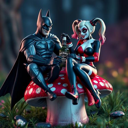 Batman and Harley Quinn are sitting on a brightly coloured toadstool, they share a bottle of Jack Daniels. high quality, high definition Image, long shot, deep focus, low level shot, 4k. highly detailed, digital artwork,