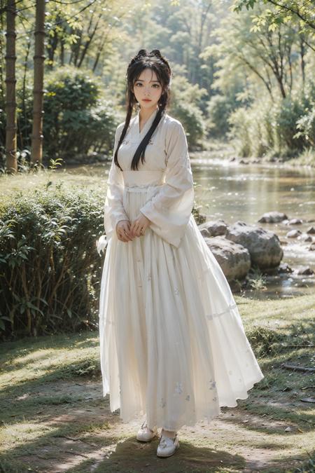 (photorealistic:1.4),8k,(masterpiece), best quality, highest quality, (detailed face:1.5),original,highres, unparalleled masterpiece, ultra realistic 8k, perfect artwork,((perfect female figure)),mature female, milf, narrow waist, skinny,detailed skin,
1girl,( full body:1.3),  xiaolongnv,hanfu,white dress, forest, (fog:1.2), cloud, standing, floating hair, floating clothes, bamboo forest, mountain, floating,sunlight, nature, nature light,bamboo raft,river, chinese white footwear, kahuka1,long dress, song style,song clothing,looking at viewer, no heals,
<lora:xiaolongnv_20230601155437:0.6>  <lora:kahuka-pynoise:0.8> <lora:hanfu40-beta-3:0.4>