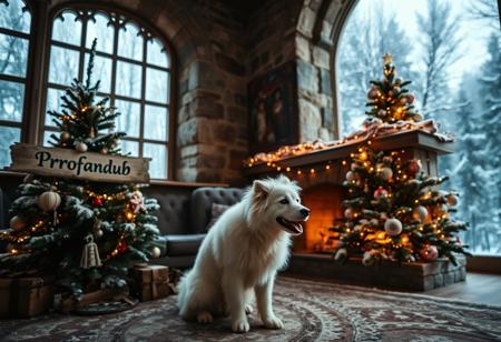 score_9, score_8_up,score_7_up, score_6_up, score_5_up, score_4_up,
best quality, masterpiece, highres, soft lighting,atmospheric lighting, 8K,
large, stone castle,inside,living room with fireplace,stone fireplace
,(window),,((((large closed window)))),(morning light coming in),
Outside the window Snow is falling,it's snowing, (a lot of snow),(forest), 
super cute, close up, dynamic angle
,(((A white fluffy dog by a christmas tree, nearby lies sign saying "profandub")))
,(((A white fluffy dog by a christmas tree, nearby lies sign saying "profandub")))
,(((A white fluffy dog by a christmas tree, nearby lies sign saying "profandub")))
,(((A white fluffy dog by a christmas tree, nearby lies sign saying "profandub")))
,(((A white fluffy dog by a christmas tree, nearby lies sign saying "profandub")))