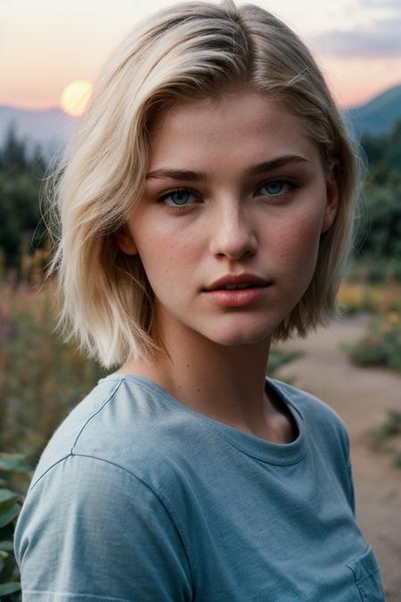 photo of (s4r4hgrey-135:0.99), a beautiful woman, perfect short platinum blonde hair, (modern photo, Pacific Blue t-shirt:1.1), closeup portrait, 85mm, (analog, cinematic, film grain, hazy atmosphere:1.3), ((outside, rivendell background, sunset:1.2)), detailed eyes, (seductive), (epicPhoto), (looking at viewer), jewelry, (cinematic shot:1.3)