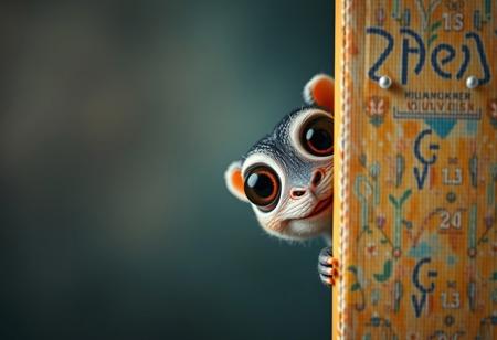 A whimsical creature peeks into the right side of a vertical canvas, its large, curious eyes staring directly into the frame as if observing the viewer. The frame itself appears to bend slightly, reacting to the creatureâs playful presence, creating the illusion that itâs part of the scene, Vibrant Glow