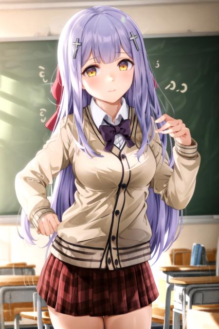 masterpiece, best quality, 1girl, <lyco:Raphiel-000014:1.0>, raphiel, skirt, shirt, bow, cardigan, cross hair ornament, classroom, looking at viewer