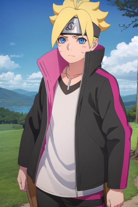 borutouzumaki, <lora:boruto uzumaki-lora-nochekaiser:1>,
boruto uzumaki, short hair, blue eyes, blonde hair, male focus, facial mark, spiked hair, whisker markings, forehead protector,
BREAK shirt, long sleeves, jewelry, jacket, white shirt, open clothes, pants, necklace, open jacket, black jacket, black pants,
BREAK outdoors, forest, nature, trees, grass, sky, clouds, sun,
BREAK looking at viewer, (cowboy shot:1.5),
BREAK <lyco:GoodHands-beta2:1>, (masterpiece:1.2), best quality, high resolution, unity 8k wallpaper, (illustration:0.8), (beautiful detailed eyes:1.6), extremely detailed face, perfect lighting, extremely detailed CG, (perfect hands, perfect anatomy),