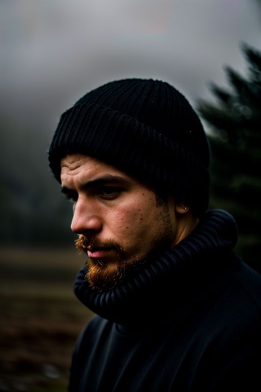professional photo, macro portrait photo of caucasian man, wearing black sweater, serious face, glow background lighting, nature, gloomy, cloudy weather, fog, bokeh