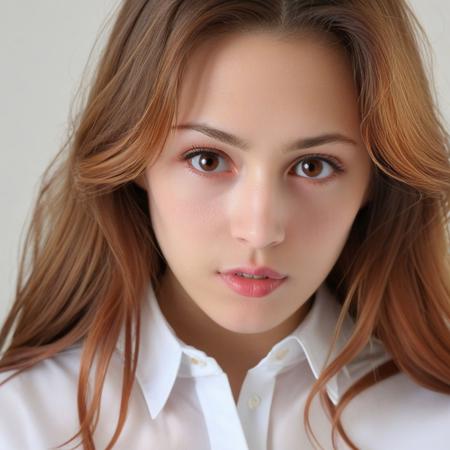 1girl, solo, long hair, parted lips, shirt, brown eyes, looking at viewer, lips, white shirt, , upper body