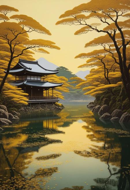by Hasui Kawase, (golden but extremely beautiful:1.4), (intricate details, masterpiece, best quality:1.4), looking at viewer, wide angle view, <lora:add-detail-xl:1> in the style of nicola samori