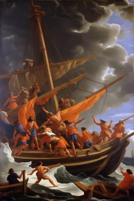 <lora:Nicolas Poussin Style:1>Nicolas Poussin Style - The Indomptable, a sturdy frigate with a long history, had been sailing the seas for years. Captain Dupont and his crew had faced all kinds of storms, but nothing had prepared them for this one. Nicolas Poussin style painting