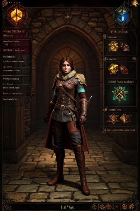 a (high fantasy rpg (VYDIA) video game), character window with ((inventory and equipment slots overlay, item descriptions and icons, top menu and compass)) BREAK
inside a dark dungeon BREAK
(simple graphics), dutch angle, dolly zoom, deep shadows, intricate details