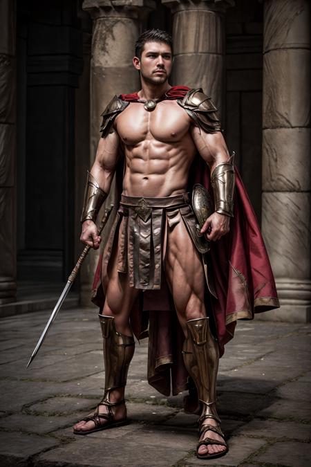 spartanarmor red cape holding weapon holding shield helmet shoulder armor loincloth sandals