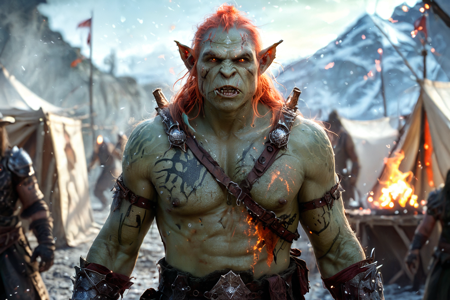 bioluminescent, an orc scavenger with green skin, wearing tattered clothes, searching through debris, solo, from the Fireforge Clan, with blackened armor and fiery orange tattoos, an orc war council in a large tent, with maps, weapons, orcs debating, detailed background, sparring with a partner, using wooden weapons, exhausted, slumping posture, action focus, medium shot, a war paint ceremony with orcs applying paint, chanting, preparing for war, a spiked mace, nearby, on volcanic ash, gray and dusty, snowy, snowflakes falling, icy ground, cold air, early evening, soft orange glow, first stars appearing, cooling air, best quality, vibrant colors, photorealistic style, high detail, high-definition, hyper-realistic, extremely high-resolution details, fine texture, incredibly lifelike, realistic, not cartoon, not drawing, highres, 4K resolution, source photo, realistic photo, masterpiece, best quality, amazing quality, very aesthetic, ultra-detailed, detailed textures, natural lighting, soft lighting, orc earth tones, greens, browns, grays, lava glow, fiery red glow, side profile shot, full body visible, <lora:Mystic_Lumina_r1-000007:0.9>