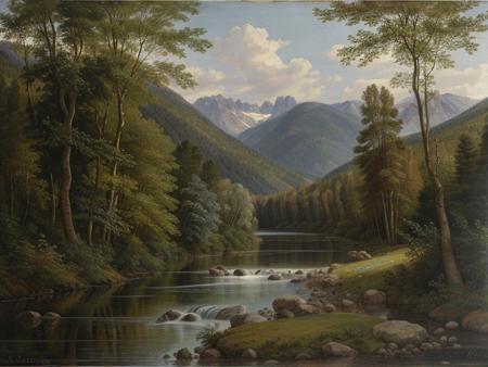 a painting of a forest by EBls, tree, river, mountain, <lora:blaas_resize:1>