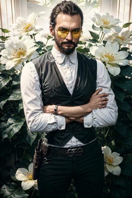 JosephFar, 1boy, facial hair, male focus, beard, shirt, flower, solo, crossed arms, vest, pants, white shirt, black hair, belt, sunglasses, mustache, weapon, dark skin, gun, black vest, black pants, holster, collared shirt, white flower, looking at viewer, dark-skinned male, standing
<lora:epi_noiseoffset2:1>,    <lora:JosephFar:0.7>