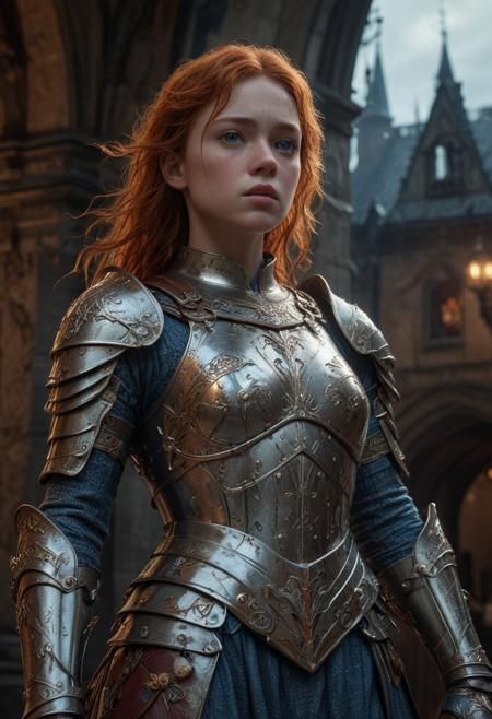 High resolution ultra-realistic of Beautiful Warrior Sadie Sink as Joan of Arc, 8k, capturing the intensity of the moment, cinematic lighting, standing on a bloody and stormy battlefield in bloody battle, wavy red hair, realistic dirty pale face, realistic blue eyes,  beautiful hourglass figure, burning in a medieval Town, intricately designed iron and silver armor, Dark Ages Aesthetic, perfect athletic figure, beautiful Warrior Joan of Arc, fire, ultra realistic, cinematic style, vigorous and seductive, athletic figure, dark fantasy, dramatic lighting, wet and sweaty skin, dirty skin, athletic figure, dark fantasy, dramatic lighting, Greg Rutkowski style,, Warrior Joan of Arc on in iron armor, hyper-detailed, hyper-realistic, bright colours, Attractive 21 old years girl, Attractive, beautiful firm Breasts, sharp focus, digital painting, Photograph Taken on Nikon D750, Alphonse Mucha, 8K, athletic figure, Hyperdetailed, hyperrealism, Attractive, Attractive bust girl, asymmetric balance
