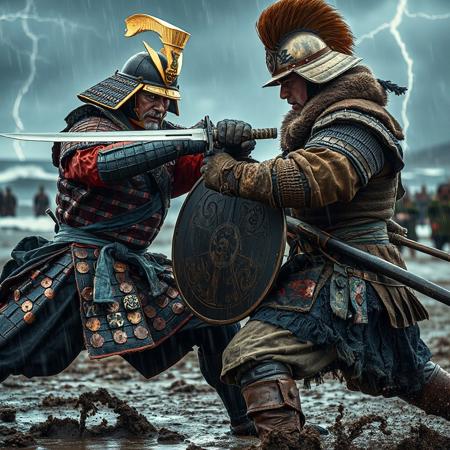 A cinematic close-up of two adult warriors—a Japanese samurai and a Mongolian warrior—locked in fierce combat on a stormy coastal plain, rain-soaked and mud-streaked. The background blurs with crashing waves and distant battle ranks under a lightning-lit sky, emphasizing their intense duel.
Japanese Samurai: A mature samurai wields a katana, blade flashing mid-strike. He wears o-yoroi armor: crimson and black lacquered iron plates, silk-laced, with a kabuto helmet bearing a gold crest and a snarling menpo mask. His blue silk sash is tattered but vibrant. Weapons include a tanto dagger at his waist. Colors are crimson, black, and gold, with white clan mon on his tate shield.
Mongolian Warrior: An adult Mongol warrior counters with a curved saber, his stance agile. He wears lamellar armor of leather and iron in earthy brown and blue, with a conical helmet topped by a horsehair plume. His small round shield bears red-black tribal motifs. A fur-lined vest and felt boots show wear. Weapons include a short spear slung across his back. Colors are brown, blue, and red, with an embroidered belt.
Dramatic lightning illuminates their rain-slicked armor, highlighting dents and bloodstains. Mud splashes their legs, and their faces show grim determination. The scene is hyper-detailed, with textured armor and dynamic motion.