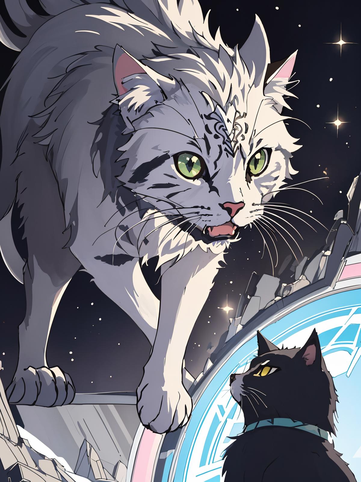 A cat with a green eye and a tiger-striped pattern stands on a spaceship, looking at another cat.