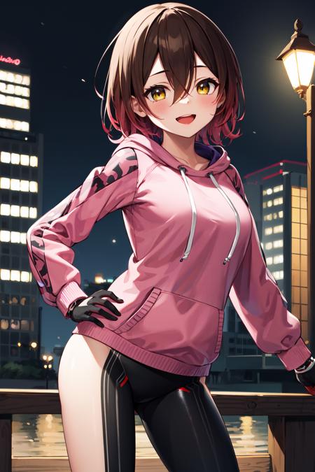 masterpiece, best quality, highres, aaroboco, android, short hair, hair between eyes, gradient hair, mechanical arms, mechanical legs, hood, hood down, pink hoodie, long sleeves, gloves, <lora:roboco-san_v1:0.8>, hand on hip, smile, open mouth, outdoors, night