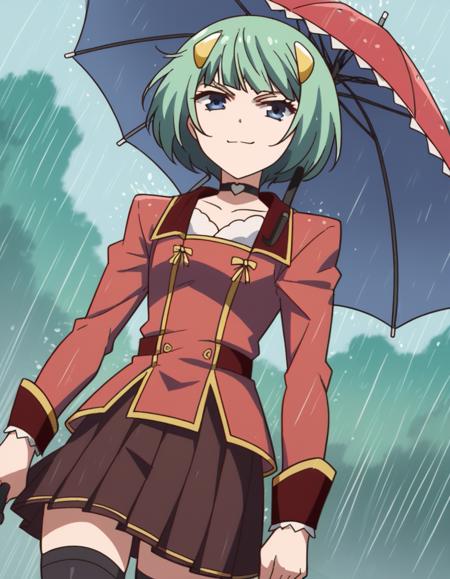 ange, short hair, hair ornament, green hair, bangs, blue eyes skirt, thighhighs, pleated skirt, choker, black thighhighs, zettai ryouiki, brown skirt,